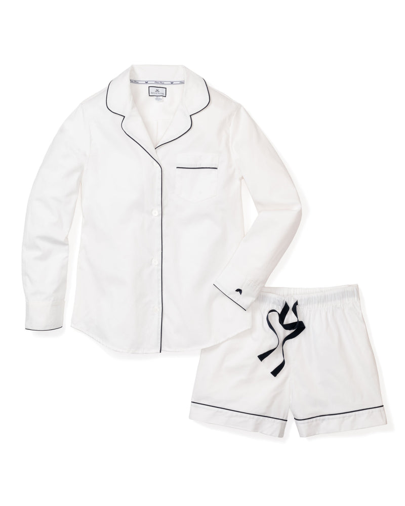 Women's Long Sleeve Short Set in White Twill with Navy Piping
