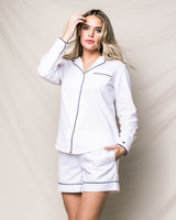 Women's Long Sleeve Short Set in White Twill with Navy Piping