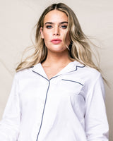 Women's Long Sleeve Short Set in White Twill with Navy Piping