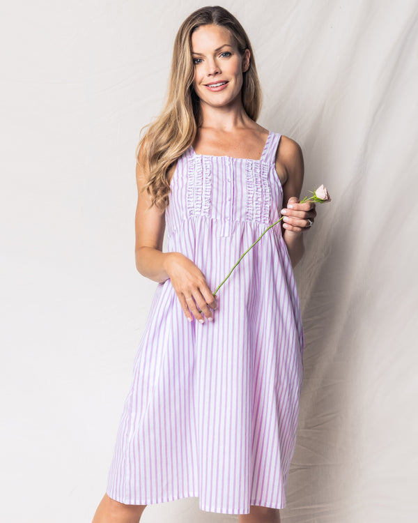 Women's Twill Charlotte Nightgown in Lavender French Ticking