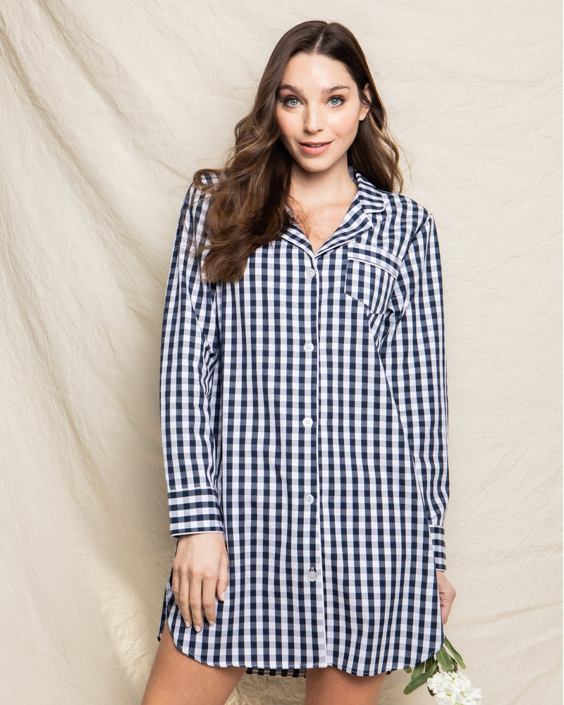 Women's Nightshirt in Navy Gingham | Petite Plume