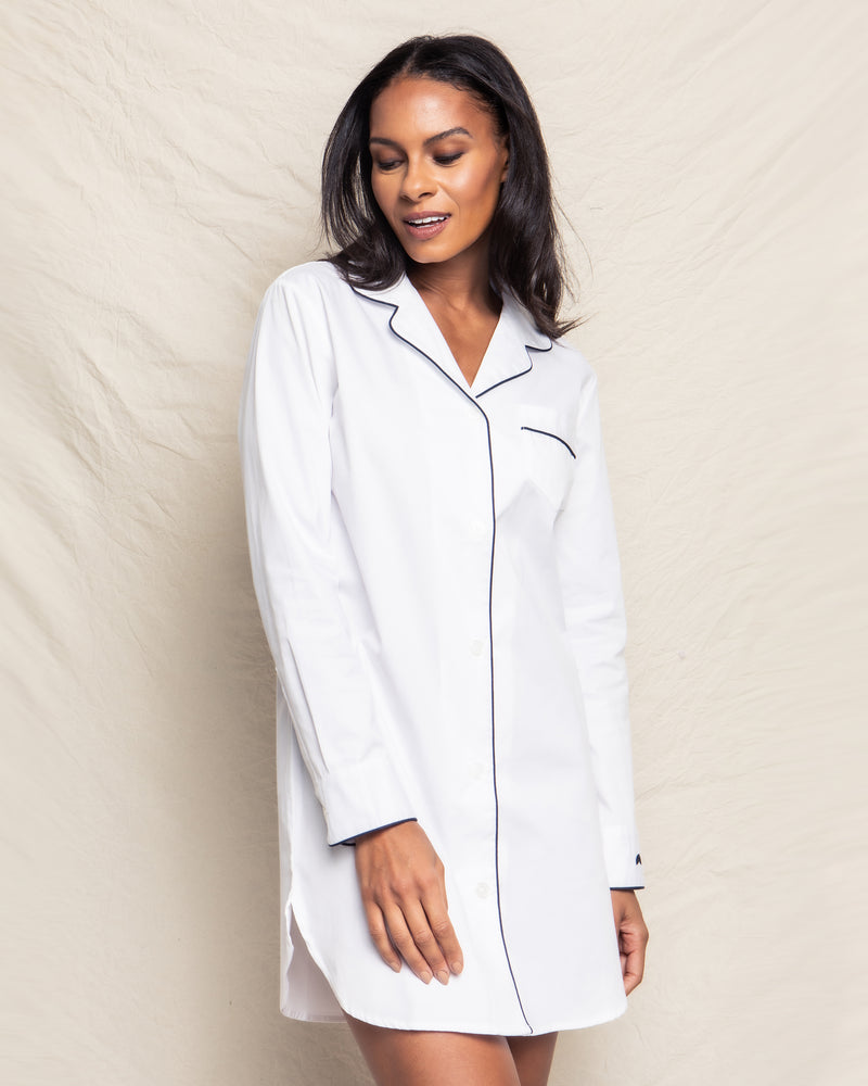 Women's Twill Nightshirt in White with Navy Piping