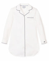Women's White Twill Nightshirt with Navy Piping