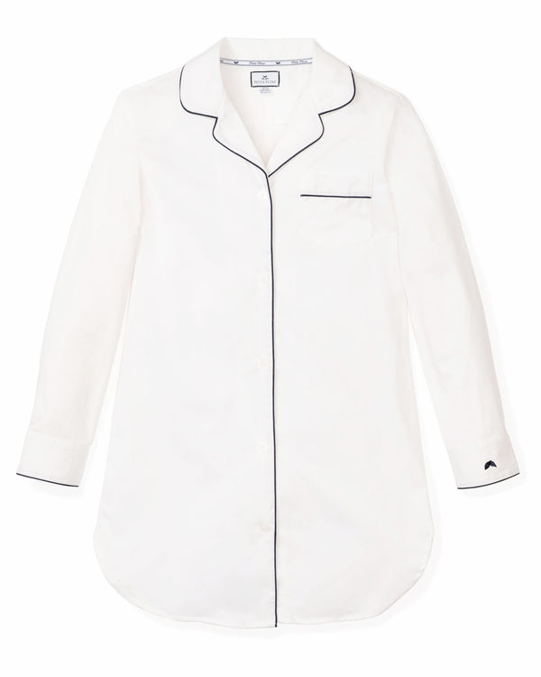 Women's Twill Nightshirt in White with Navy Piping