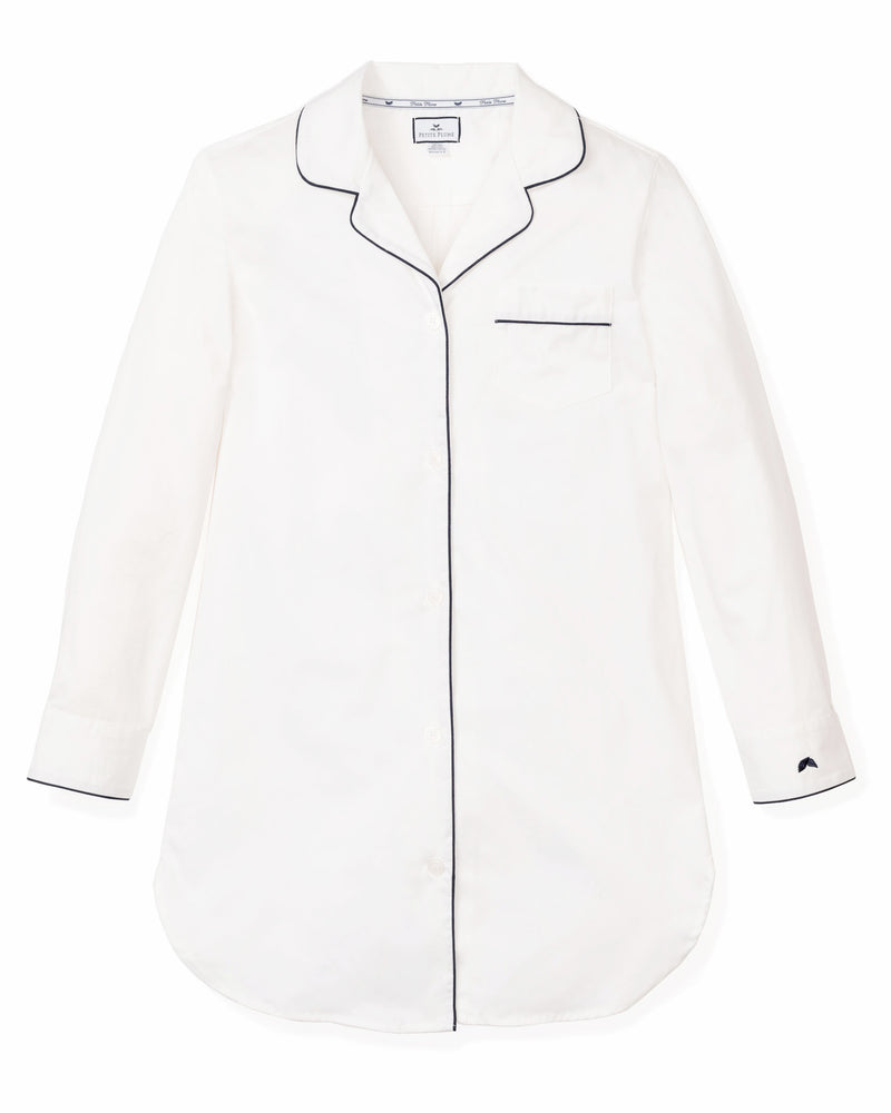 Women's White Twill Nightshirt with Navy Piping