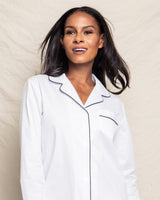 Women's White Twill Nightshirt with Navy Piping