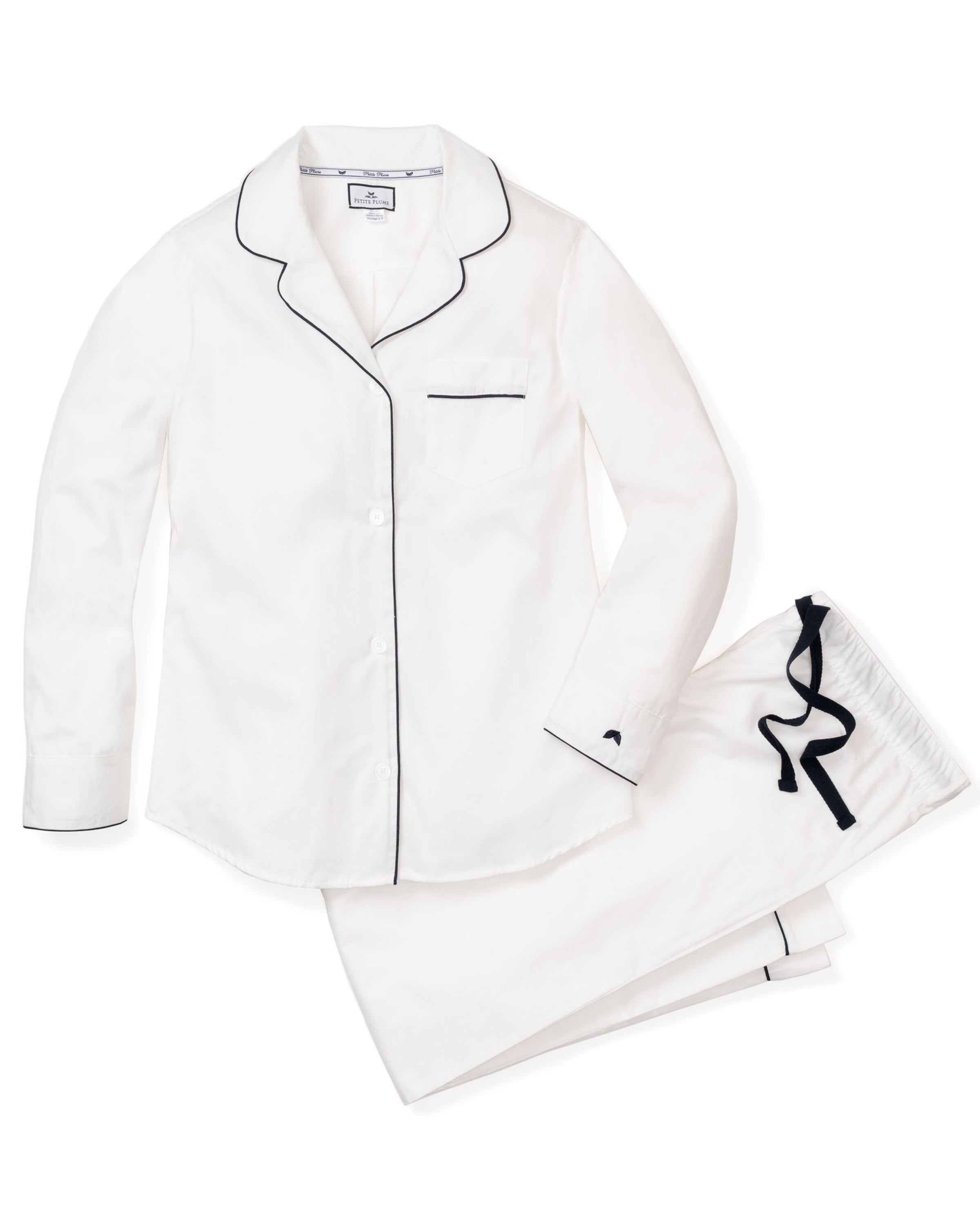 Women's White Cotton Pajama Set (Navy Piping)
