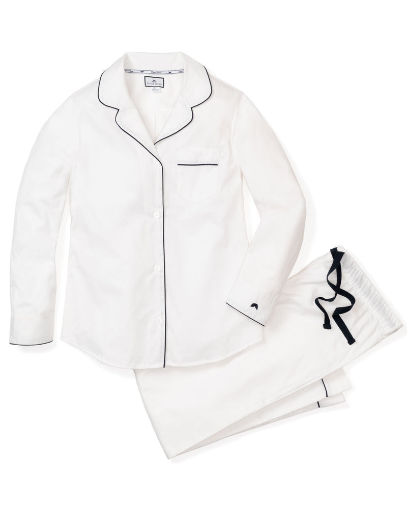 Women's Classic White Twill Pajama Set with Navy Piping