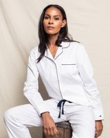 Women's Classic White Twill Pajama Set with Navy Piping