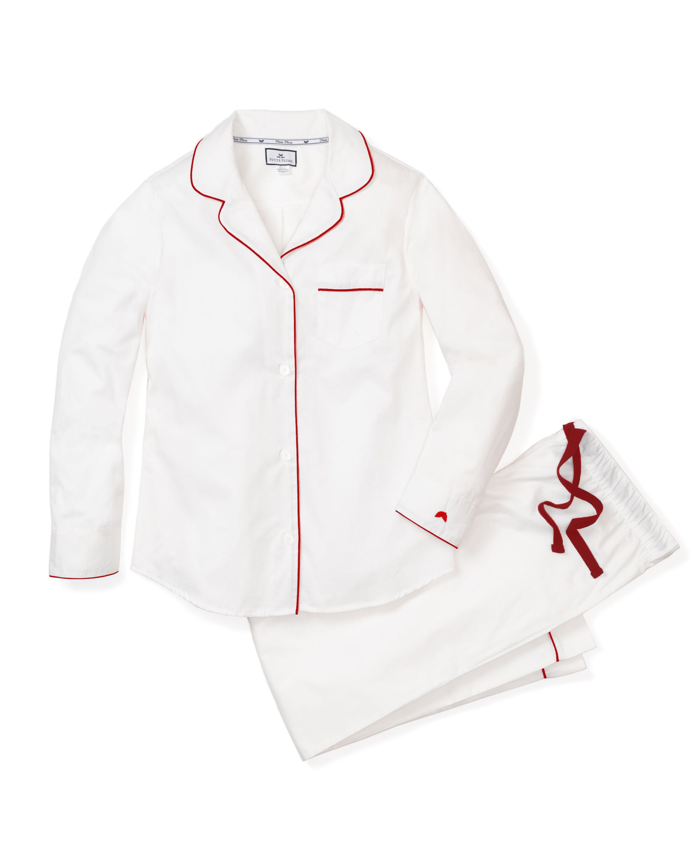 Petite Plumes Womens Twill Pajama Set in White with Red Piping includes a long-sleeve button-up shirt with a chest pocket and matching pants featuring a red drawstring.