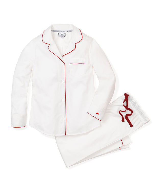 Women's Classic White Twill Pajama Set with Red Piping