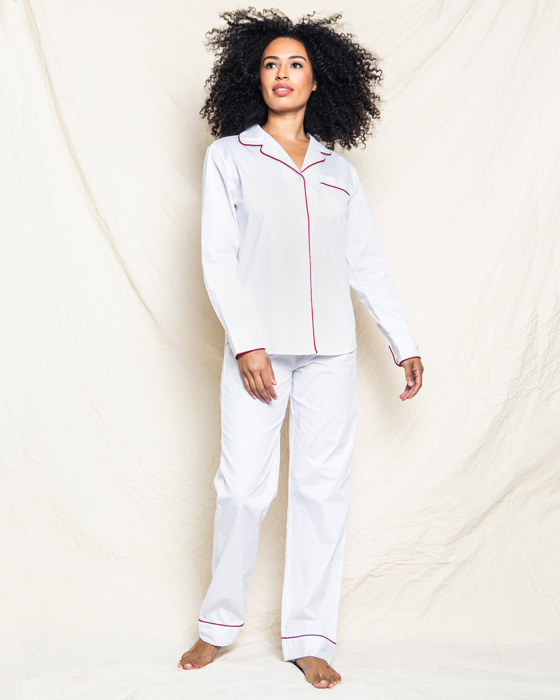 Women's Twill Pajama Set in White with Navy Piping