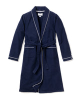 Men's Navy Flannel Robe with White Piping
