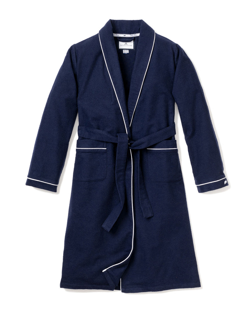 Men's Flannel Robe in Navy with White Piping