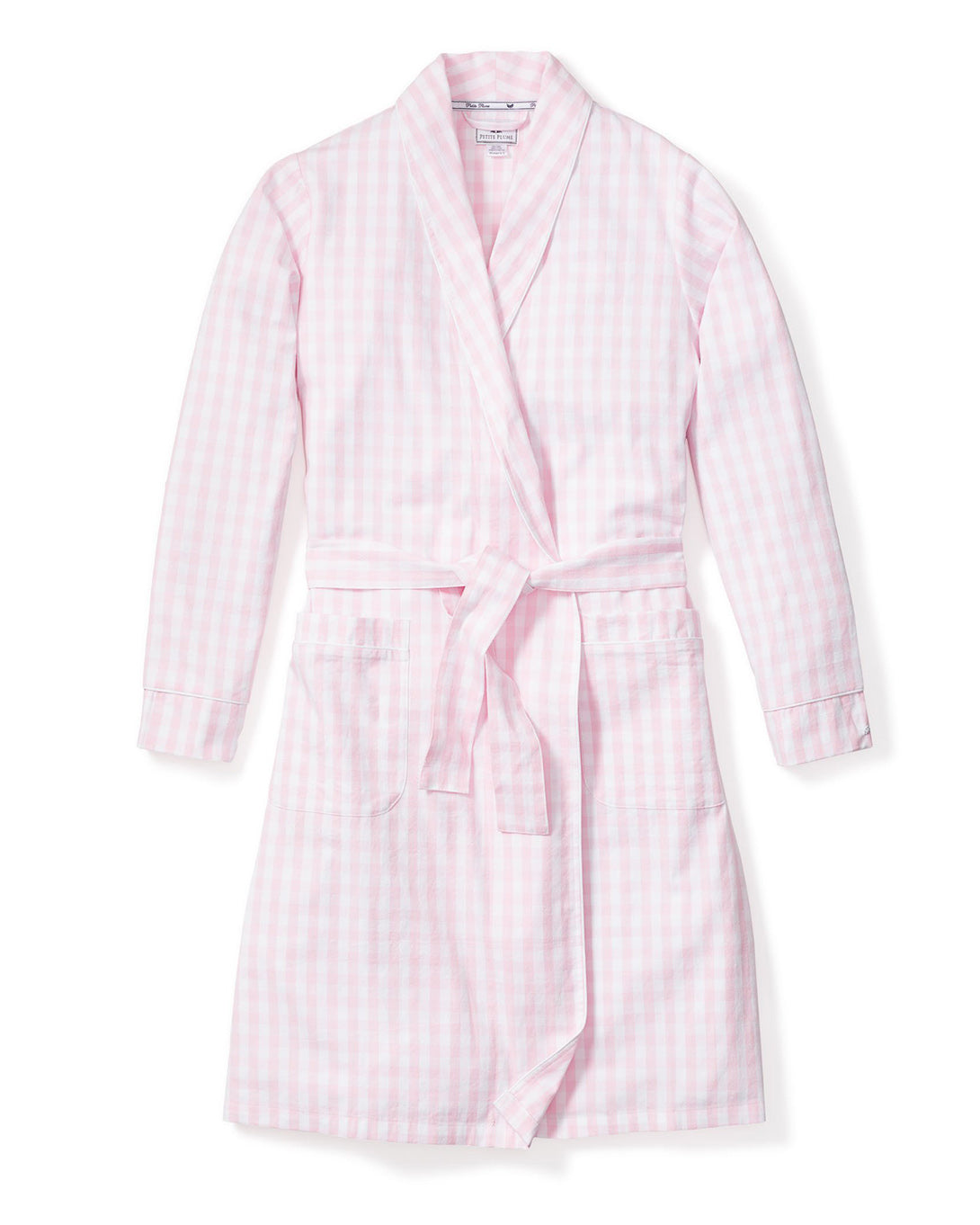 The Womens Twill Robe in Pink Gingham by Petite Plume is a luxurious cotton bathrobe featuring a pink and white gingham print, long sleeves, matching belt, front pockets, and a relaxed design.