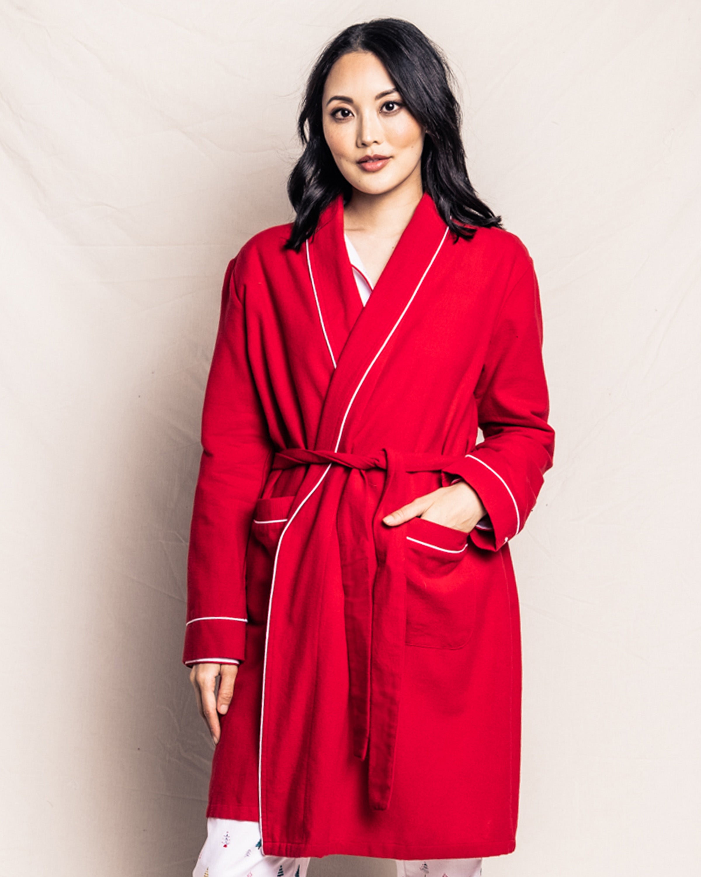 Women's Red Flannel Robe with White Piping Petite Plume