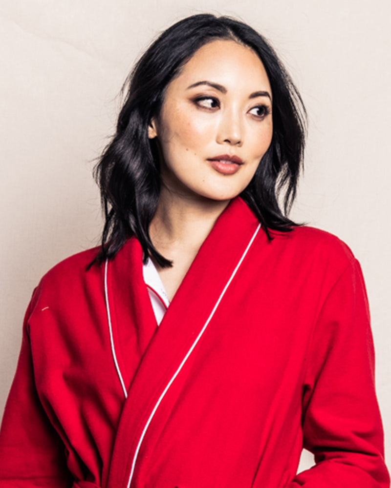 Women's Flannel Robe in Red with White Piping – Petite Plume