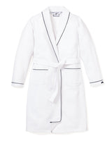 Women's White Flannel Robe with Navy Piping