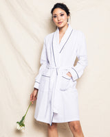 Women's White Flannel Robe with Navy Piping