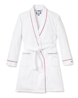 Women's White Flannel Robe with Red Piping