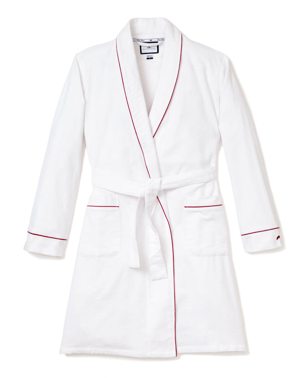 Women's Flannel Robe in White with Red Piping