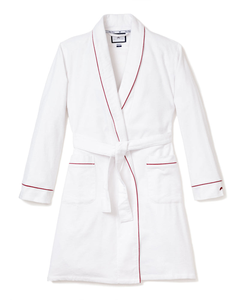 Women's White Flannel Robe with Red Piping