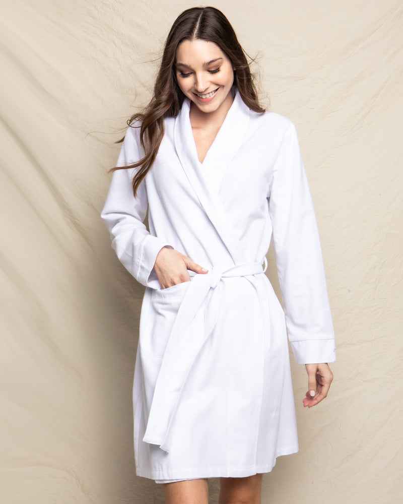 Women's White Flannel Robe with White Piping