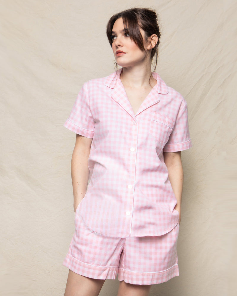 Women's Twill Pajama Short Set in Pink Gingham