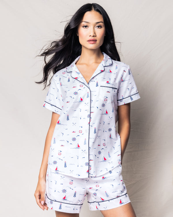 Women's Twill Pajama Short Sleeve Short Set in Sail Away