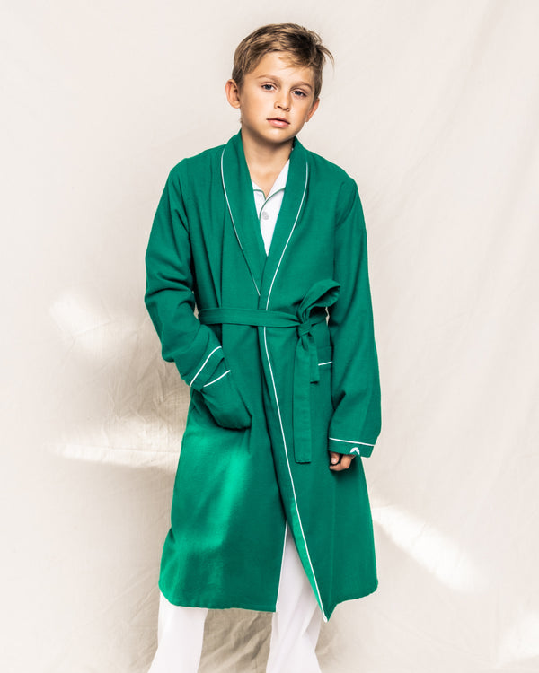 Kid's Flannel Robe in Forest Green with White Piping