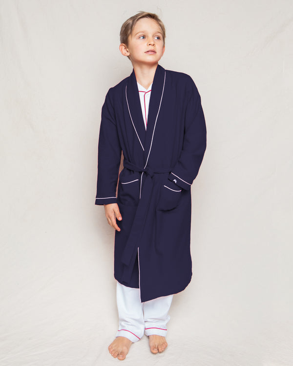 Kid's Flannel Robe in Navy with White Piping