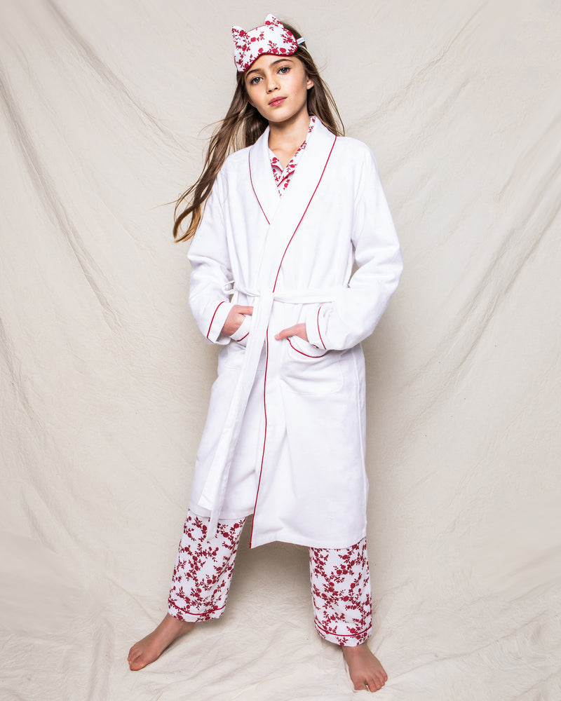 Kid's Flannel Robe in White with Red Piping