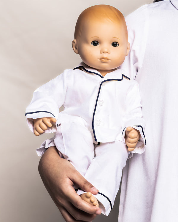 Kid's Twill Doll Pajamas in White with Navy Pipping