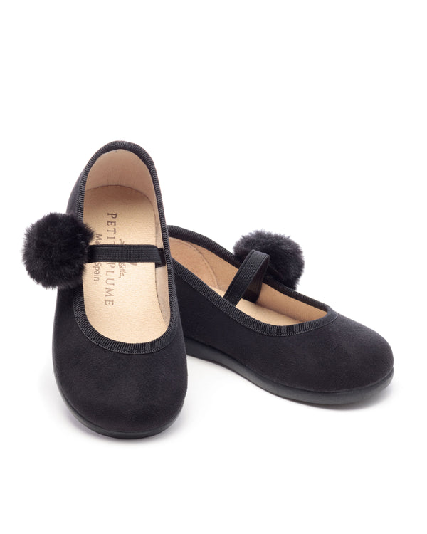 Kid's Delphine Slipper in Black Suede with a Festive Pom