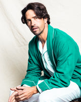 Men's Forest Green Flannel Robe with White Piping