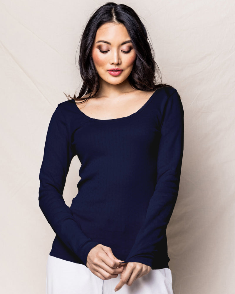 Navy Long Sleeve Pointelle Top