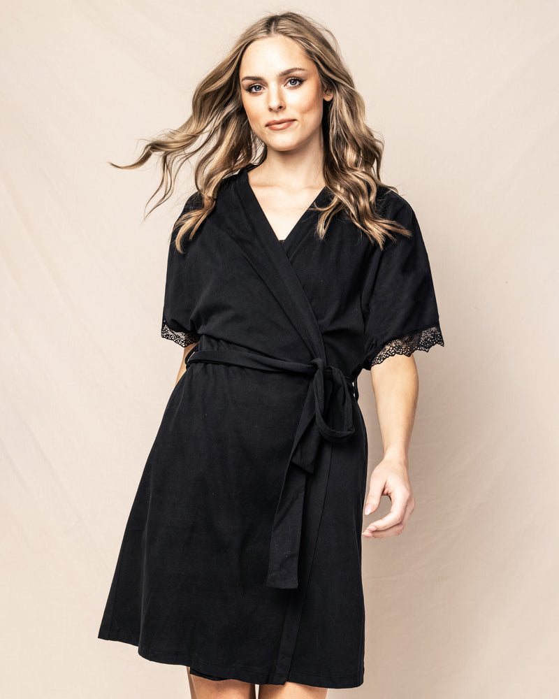Luxe Pima Cotton Black Robe with Lace