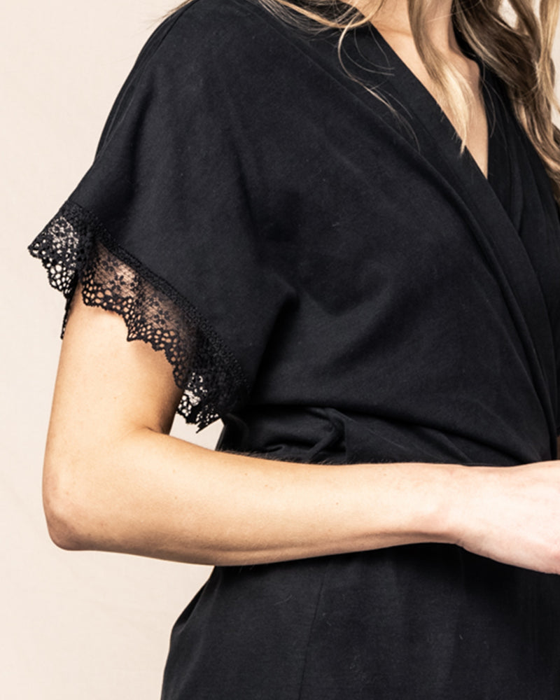 Luxe Pima Cotton Black Robe with Lace