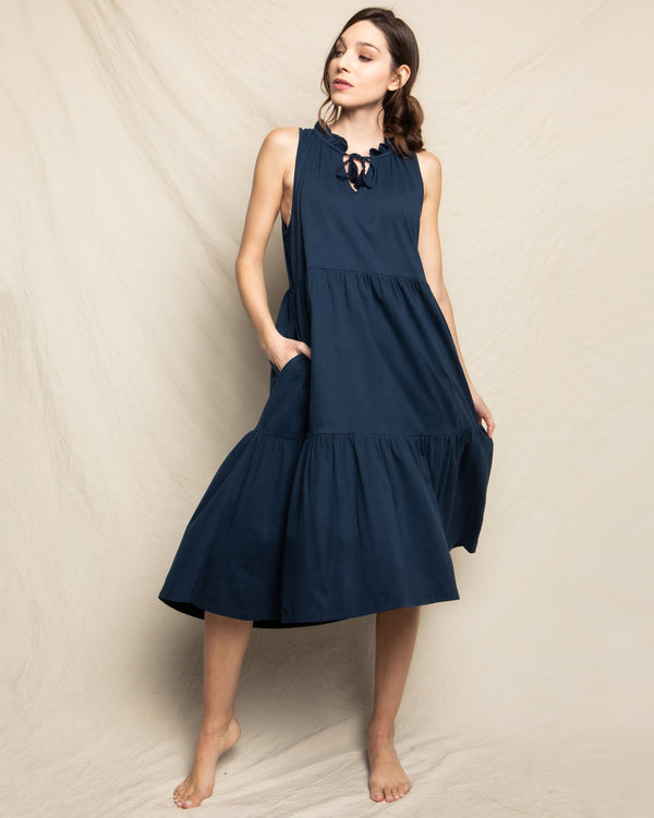 Women's Pima Tiered Lounge Dress in Navy