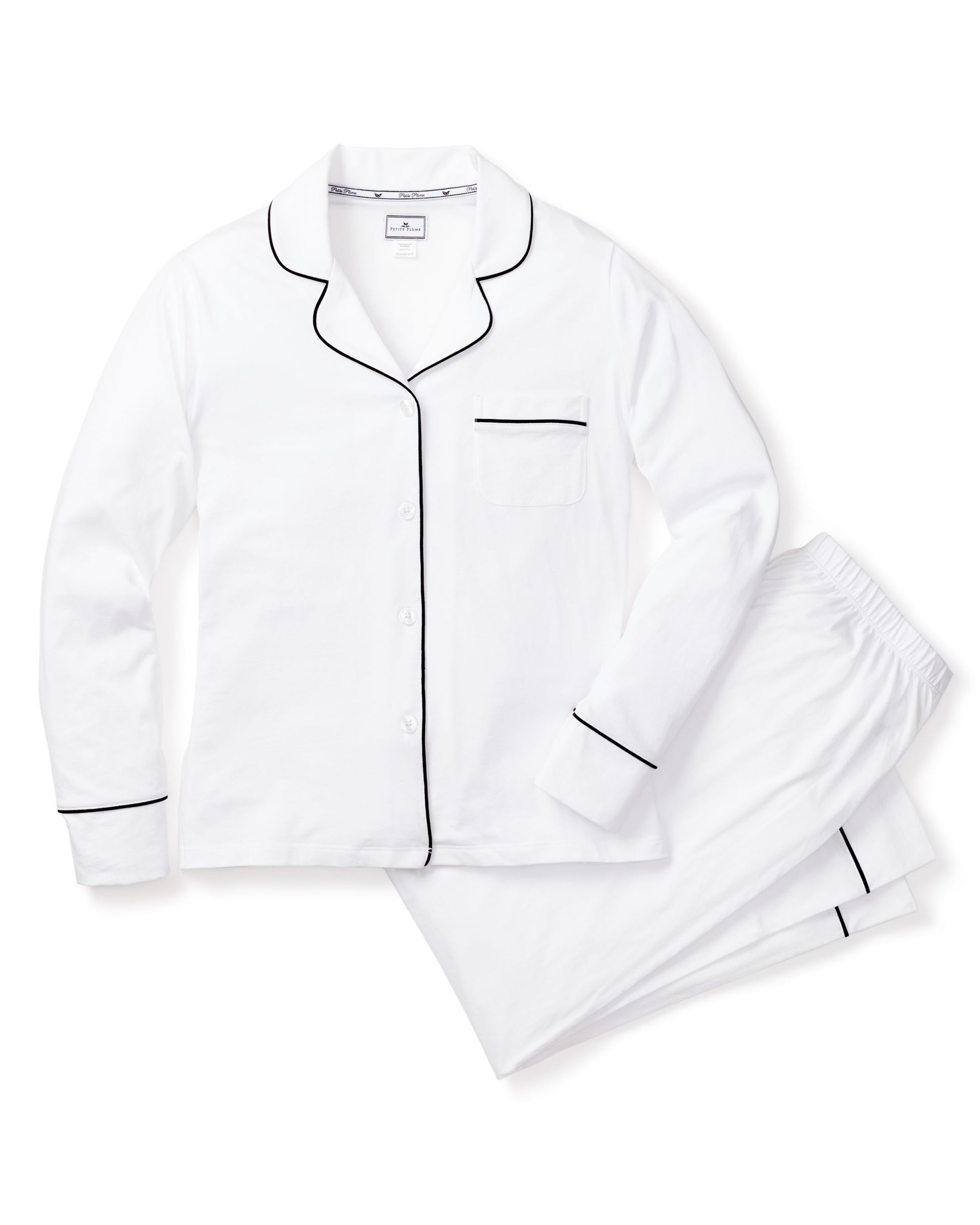 Women's Pima Pajama Set in White with Black Piping