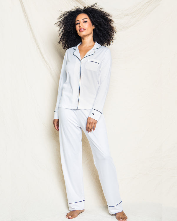 Women's Pima Pajama Set in White with Black Piping