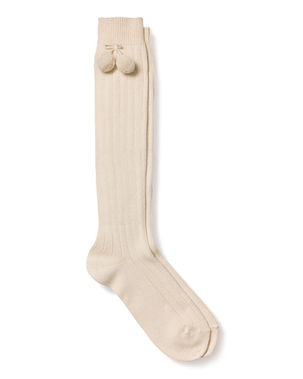 Kid's Linen Pom Pom Ribbed Knee-High Socks