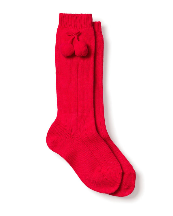 Children's Red Pom Pom Ribbed Knee-High Socks