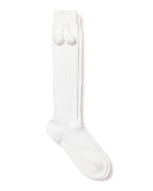 Children's White Pom Pom Ribbed Knee-High Socks