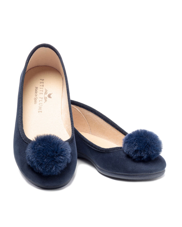 Women's Juliette Slipper in Navy Suede with a Festive Pom