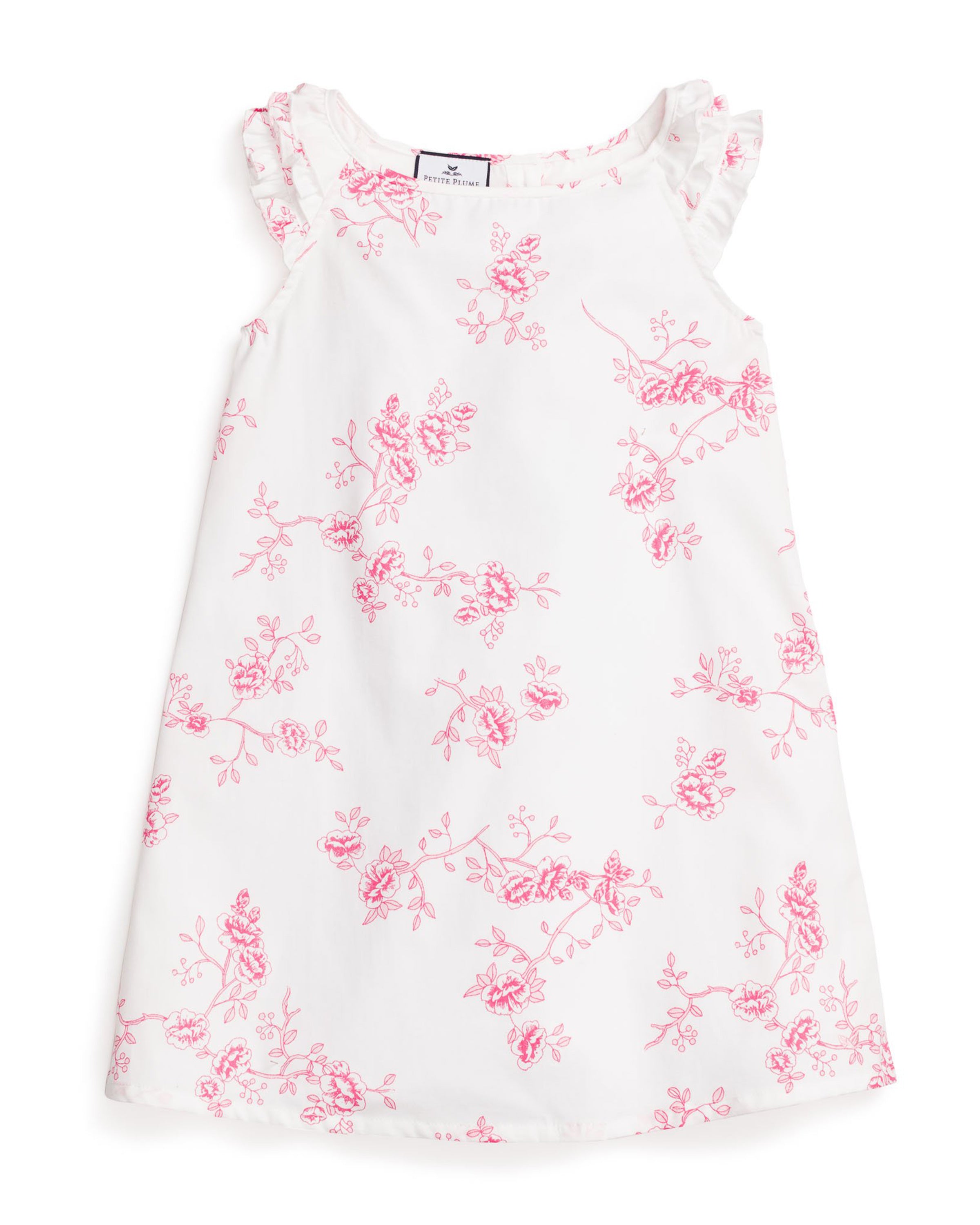 The Girls Twill Amelie Nightgown by Petite Plume features a sleeveless white design with pink English Rose Floral patterns and ruffled shoulders, elegantly showcased on a white background.