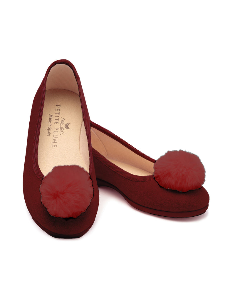 The Juliette Slipper in Bordeaux Suede with a Festive Pom