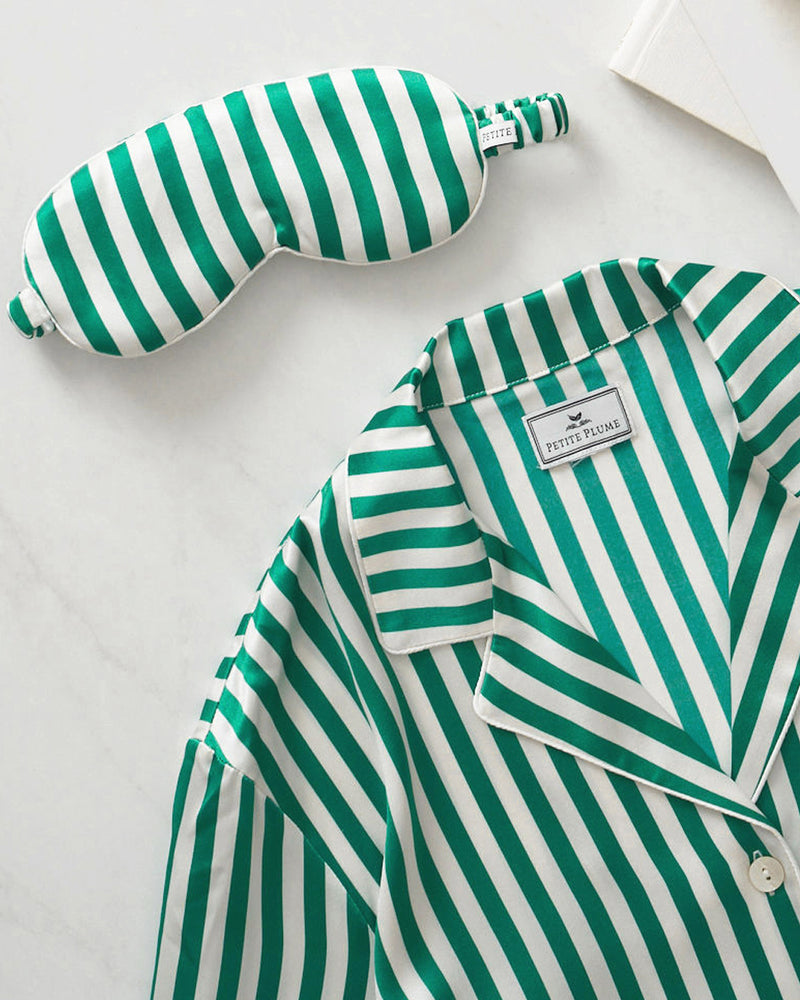 100% Mulberry Silk Green Stripe Men's Luxe Pajama
