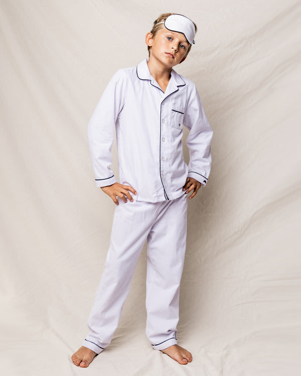 Kid's Twill Pajama Set in White with Navy Piping