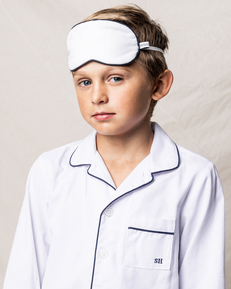 Children's White Traditional Sleep Mask with Navy Piping